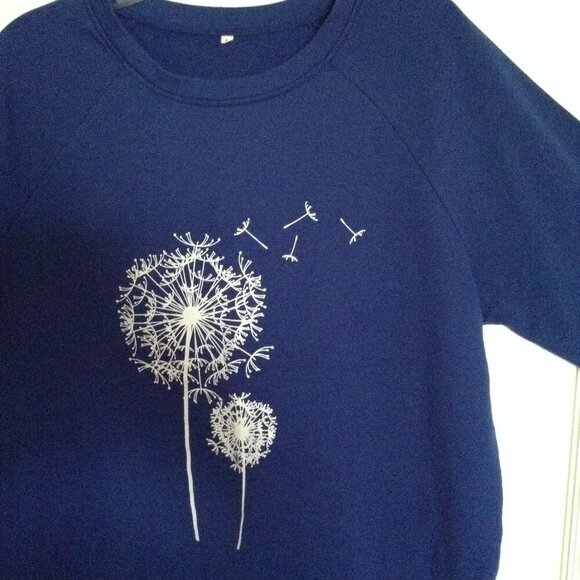 Women's Blue Dandelion Sweatshirt Size L Long Sleeves Graphic Sweater - Picture 3 of 5